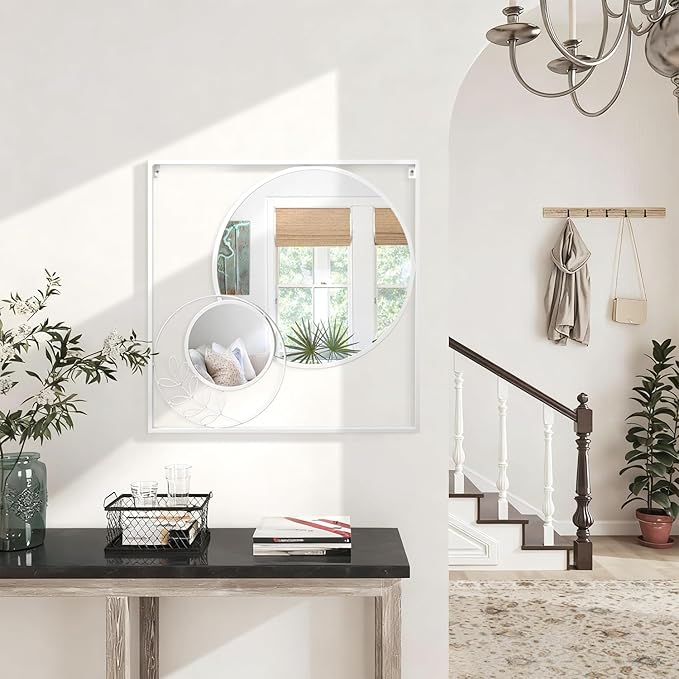 White Circle Wall Mirror, Square Wall Mounted Mirror Set Round Modern Art Decorative Mirrors for Living Room Bathroom 24x24 Inch Decor