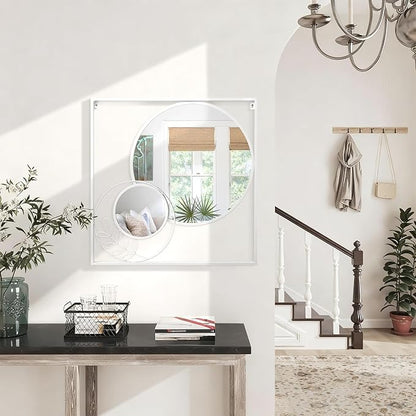 White Circle Wall Mirror, Square Wall Mounted Mirror Set Round Modern Art Decorative Mirrors for Living Room Bathroom 24x24 Inch Decor