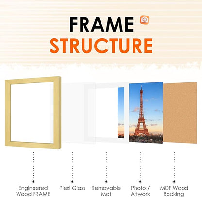 FIXSMITH 12x12 Picture Frame Gold Set of 4, Photo Frame with HD Plexiglass, Display Pictures 8x8 with Mat or 12x12 Without Mat, Natural Picture Frames Collage Wall Decor, Gallary Wall Frame