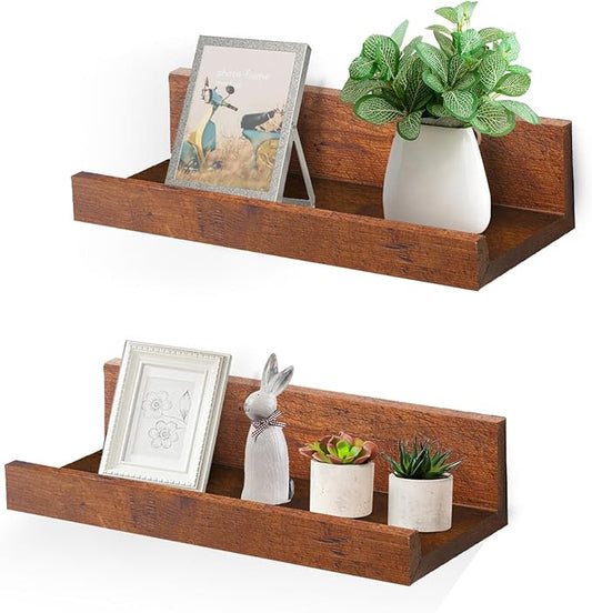 Muzilife 12" Small Floating Wall Ledge Shelves with Lip - Set of 2 Wood Floating Shelves - Honey Brown Wall Mounted Picture Ledge for Office, Bathroom, Bedroom, Living Room, Kitchen