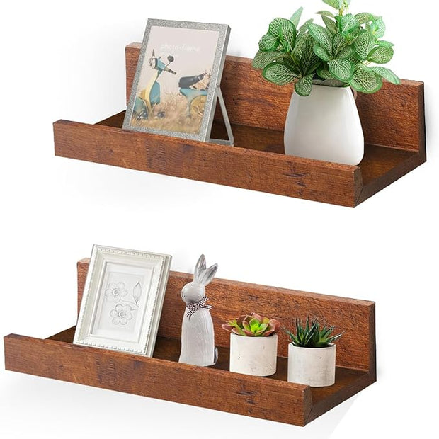 Muzilife 12" Small Floating Wall Ledge Shelves with Lip - Set of 2 Wood Floating Shelves - Honey Brown Wall Mounted Picture Ledge for Office, Bathroom, Bedroom, Living Room, Kitchen