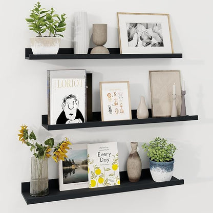 Axeman 30 Inch Floating Shelves | Black Picture Ledge Shelf Set of 3 | Rustic Wood Wall Shelves with Lip | 30" Black Picture Shelf for Wall with Ledge | Photo Shelves