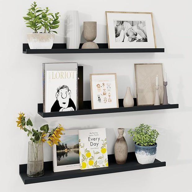 Axeman 30 Inch Floating Shelves | Black Picture Ledge Shelf Set of 3 | Rustic Wood Wall Shelves with Lip | 30" Black Picture Shelf for Wall with Ledge | Photo Shelves