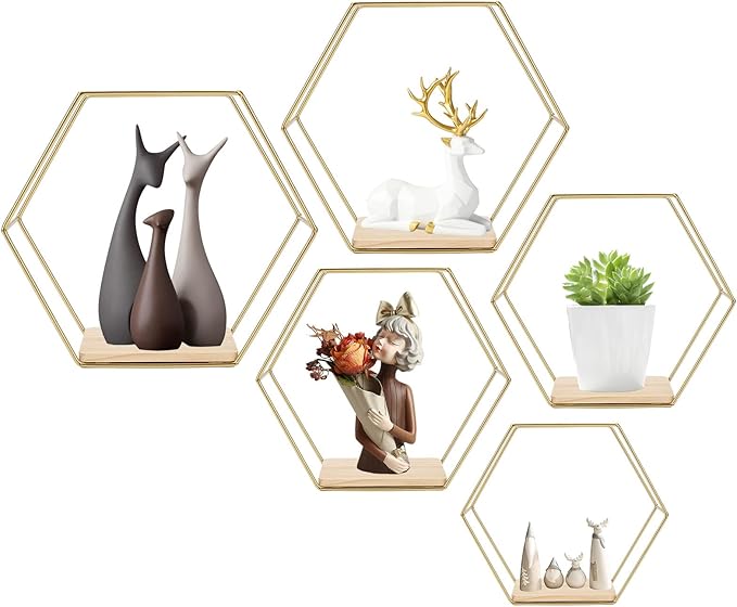 Wall Mounted Hexagonal Floating Shelves Set of 5 in Different Sizes, Modern Metal Shelf, Simple Wood Partition Storage Shelves, Gold Decor Rack for Bedroom, Living Room, Kitchen and Office