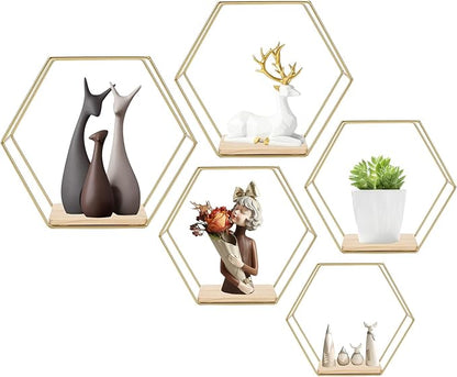 Wall Mounted Hexagonal Floating Shelves Set of 5 in Different Sizes, Modern Metal Shelf, Simple Wood Partition Storage Shelves, Gold Decor Rack for Bedroom, Living Room, Kitchen and Office