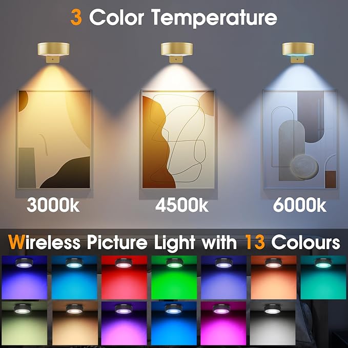 RGB Picture Light Battery Operated Painting Lights for Wall Wireless Magnetic Display Art Light with Remote Controls,Dimmable&Timer for Art Frame Artworking,3Pack Gold
