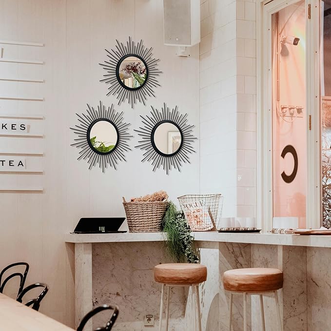 Cityelf 3 Set Black Sunburst Mirrors for Wall Decorative Metal Mirrors Small Mirror Sets Decor Hanging Mirror Wall Sculpture for Bedroom Living Room Entryway