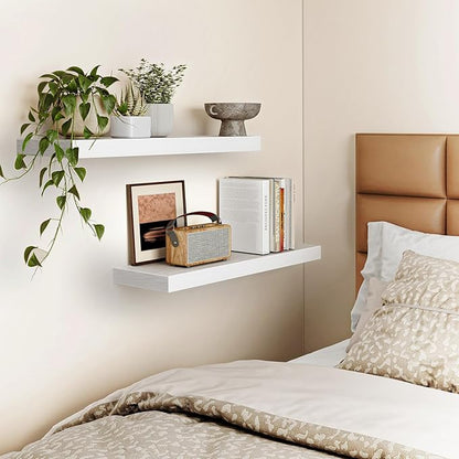 Fixwal White Shelves, 22" Long Floating Shelves for Living Room, Bedroom, Bathroom and Kitchen, Wall Mounted Shelves for Storage, Books, Room Decor Set of 2