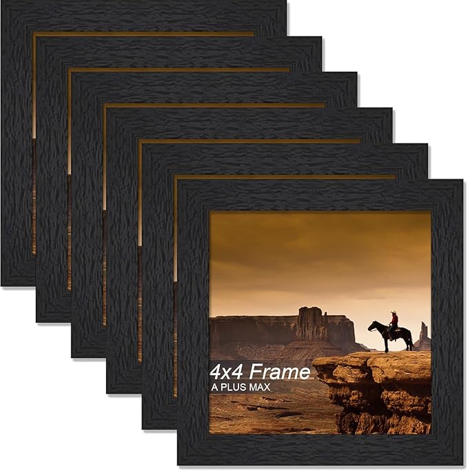 A PLUS MAX Square 4x4 Frame Set of 6, Black Engineered Wood Picture Frame for 4 x 4 Picture Poster Photo, Light Weight 4by4 Frame with Wood-grain for Wall - 6 Pack/Black/4"x4"