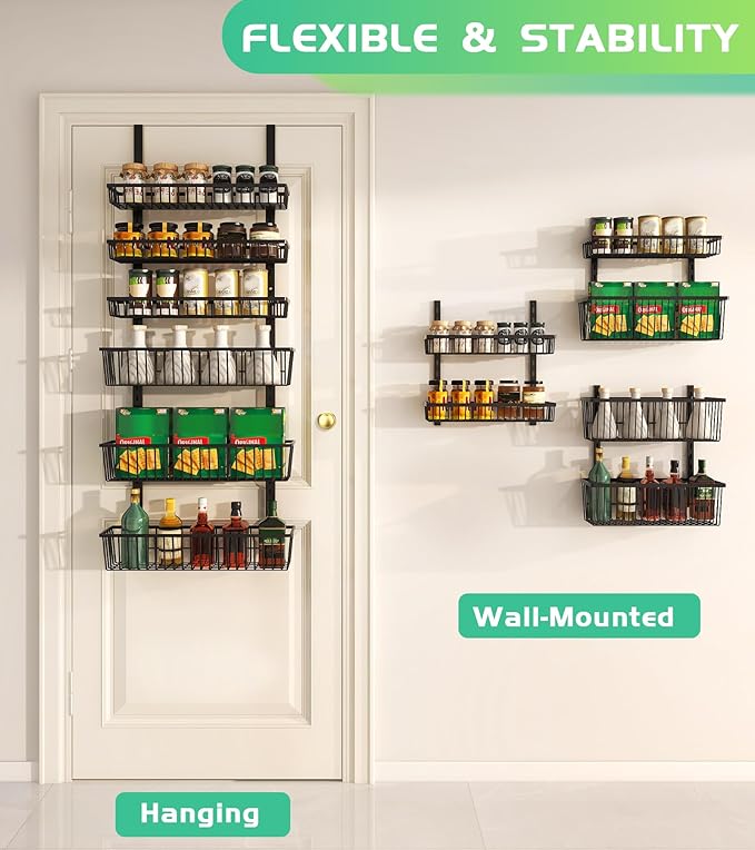 Over The Door Pantry Organizer, Pantry Organization and Storage, 8-Tier Deep Baskets Hanging Heavy-Duty Metal, Wall Spice Rack Seasoning Shelves for Home & Kitchen, Laundry Room Bathroom, Black