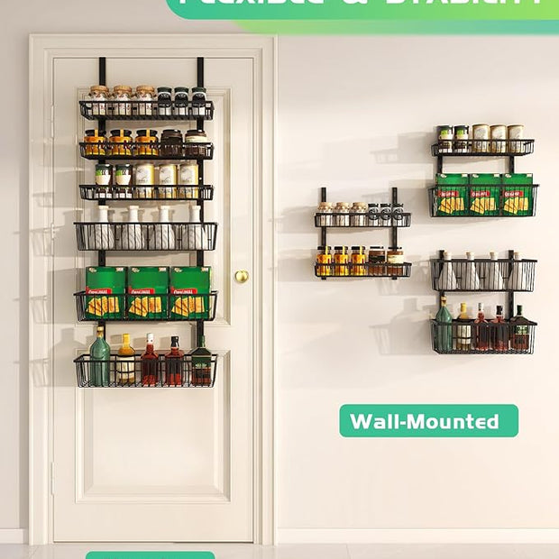 Over The Door Pantry Organizer, Pantry Organization and Storage, 8-Tier Deep Baskets Hanging Heavy-Duty Metal, Wall Spice Rack Seasoning Shelves for Home & Kitchen, Laundry Room Bathroom, Black