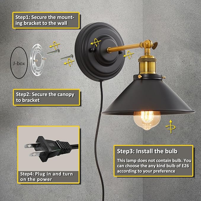 Lightess Plug in Wall Sconces Set of 2, Vintage Plug in Wall Light with 6FT On/Off Switch, Rotatable Mounted Lamps for Bedroom Living Room