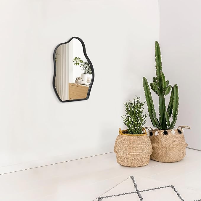 Asymmetrical Wall Mirror with Wood Frame Irregular Modern Hanging Mirror for Wall for Vanity Living Room Bedroom Bathroom Entryway Hallway Modern Unique Decorative Artistic Mirror