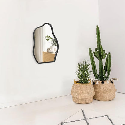 Asymmetrical Wall Mirror with Wood Frame Irregular Modern Hanging Mirror for Wall for Vanity Living Room Bedroom Bathroom Entryway Hallway Modern Unique Decorative Artistic Mirror