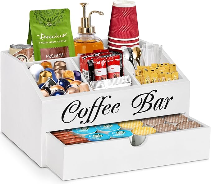 Coffee Bar Organizer Countertop, Wooden Bar Accessories With Drawer, Coffee Station Organizer Pods Holder Storage Basket, Farmhouse Tea Condiment Station