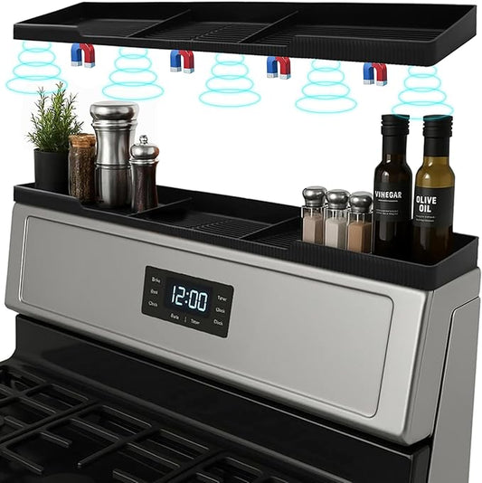 Silicone Magnetic Over the Stove Shelf for Back of Stove - Magnetic Stove Top Shelf and Over Stove Shelf, Over Oven Shelf for Top of Stove, Over the Stove Spice Rack, Includes 6 Extra Plates (Black)
