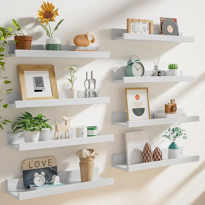 Heimlove 24 inch Picture Ledge Shelf Set of 8,Long Floating Shelves for Wall,White Picture Shelf with Lip for Wall Decor,Living Room Bedroom Bookshelf Photo Frames Nursery Book Shelves for Storage