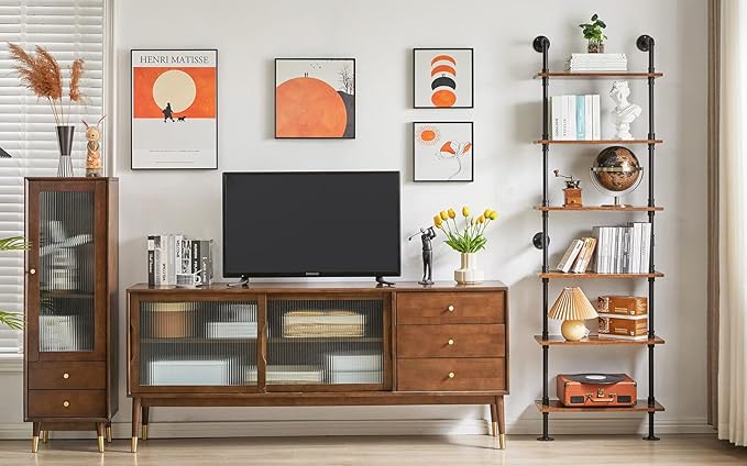 YMYNY Industrial Pipe Ladder Shelf, 6-Tier Wall Mounted Bookcase with Metal Frame, 78.7