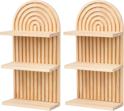 2 Pieces Boho Wall Shelf,3 Tier Bohemian Floating Shelves, Arch Wooden Mid Century Shelves Decorative Rainbow Hanging Shelves,Wall Mounted Wood ArchWall Decor for Living Room Display (01)