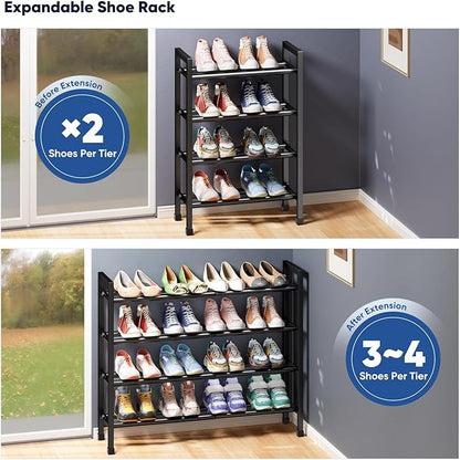 Abiglifty 4-Tier Expandable Shoe Rack,17"-33" Adjustable Shoe Rack for Closet,Metal Shoes Shelves for Front Door Entrance, Garage & Corridor, Free Standing Shoe Holders, Easy to Assemble,Black