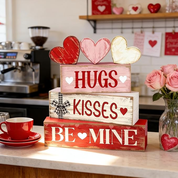 Valentines Day Decorations - Valentine Tiered Tray Decor Set - Wooden Table Decoration with Heart Signs - Rustic Farmhouse Valentine’s Day Home Decor Indoor for Shelf Mantel Coffee Table Gift