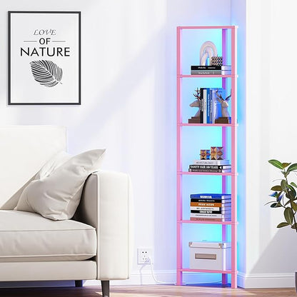 TUTOTAK Corner Shelf with LED Light, 6-Tier Corner Bookshelf for Small Space, Narrow Display Corner Shelf Stand with Storage Rack, for Living Room, Bedroom, Pink BS05BP006L