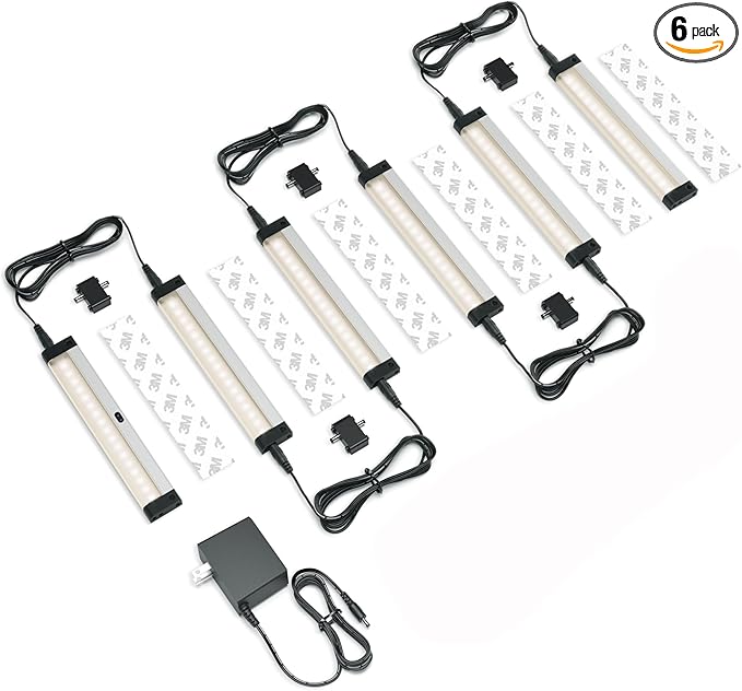 EShine Hand Wave Activated Under Cabinet LED Lighting Kit, Dimmable, 6-Pack 7 in - Touchless Dimming Control, Black Under Counter Lights for Kitchen, Garage, Office, Shelf - Warm White (3000K)