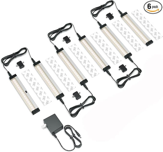 EShine Hand Wave Activated Under Cabinet LED Lighting Kit, Dimmable, 6-Pack 7 in - Touchless Dimming Control, Black Under Counter Lights for Kitchen, Garage, Office, Shelf - Warm White (3000K)