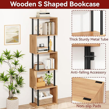 IBUYKE 6-Tier Tall Bookshelf,S-Shaped Geometric Bookcase, Wood Display Shelves with Storage,Modern Bookshelf for Living Room Bedroom, Home Office,Oak WBC016K
