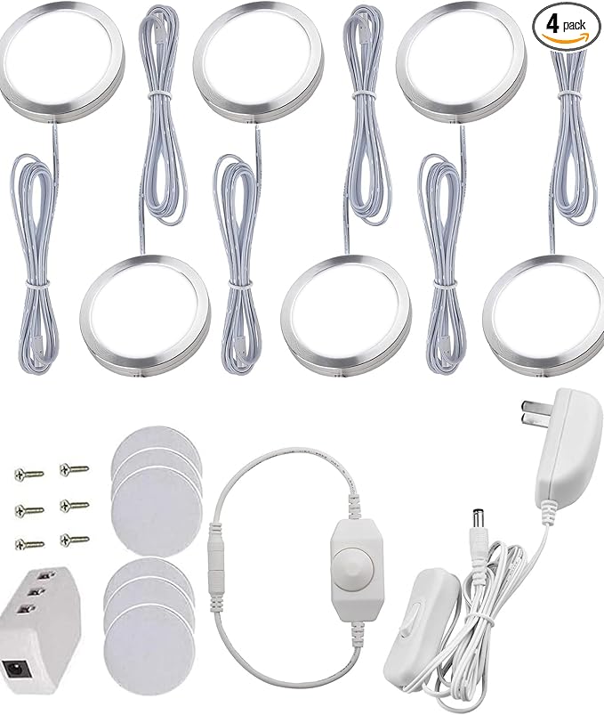LED Puck Lights, Set of 6, White | Dimmable Under Cabinet Lighting, Led Under Counter Lighting for Kitchen Closet, Bookcase, Shelf, All Accessories Included (6Pack,White)