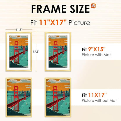 FIXSMITH 11x17 Picture Frame Gold Set of 4, Photo Frame with HD Plexiglass, Display Pictures 9x15 with Mat or 11x17 Without Mat, Gold Picture Frames Collage Wall Decor, Gallary Wall Frame