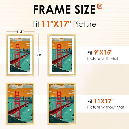 FIXSMITH 11x17 Picture Frame Gold Set of 4, Photo Frame with HD Plexiglass, Display Pictures 9x15 with Mat or 11x17 Without Mat, Gold Picture Frames Collage Wall Decor, Gallary Wall Frame