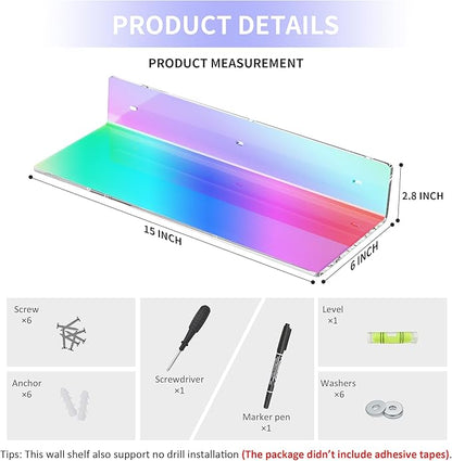 2 Pack Iridescent Acrylic Floating Shelves 15 Inches, Wall Hanging Bathroom Shelves, Wall Storage Shelf for Kitchen, Dining Room, Living Room, Bedroom, Bathroom, Retail, Supermarket