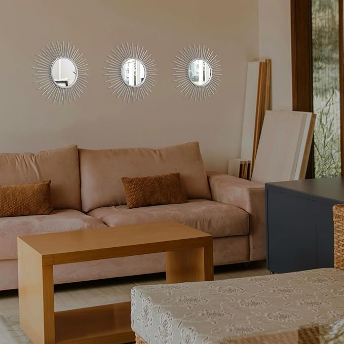 Cityelf 3 Set Sunburst Mirrors for Wall Decorative Metal Mirrors Small Mirror Sets Decor Hanging Mirror Wall Sculpture for Bedroom Living Room Entryway