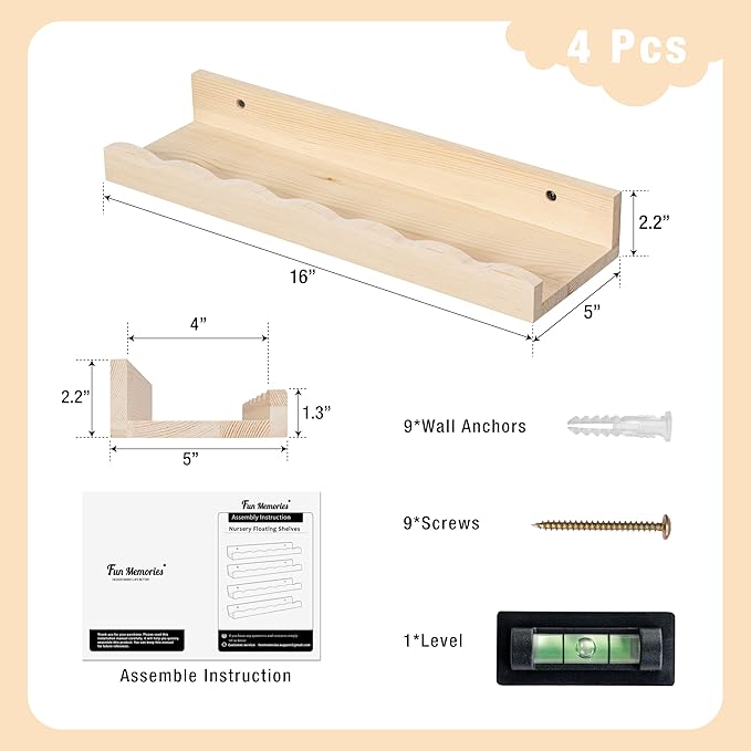 Fun Memories Picture Ledge Shelf for Wall, 16 inch Pine Wood Nursery Book Shelves Set of 4- Wall Book Shelves for Kids Room, Home Decor - Kitchen Spice-Natural