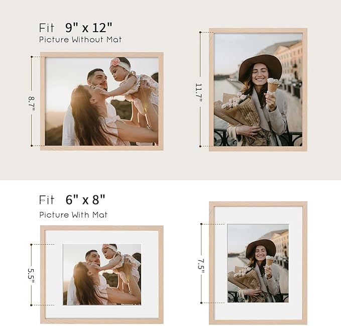 puthiac 9x12 Solid Oak Wood Picture Frame, Fits 6x8 with Mat or 9x12 Without Mat, Wall or Tabletop Display with Stand, Vertical or Horizontal, Plexi Front, 3 Pack, Natural Oak
