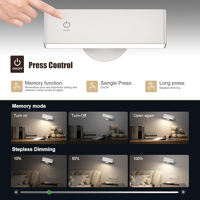 YiLaie LED Wall Sconce, Wall Mounted Lamp with 4000 mAh Battery Operated Wall Sconce Touch Controls & Brightness Adjustment, 360° Rotate Cordless Battery Wall Lamps for Bedroom, BedsideReading-White