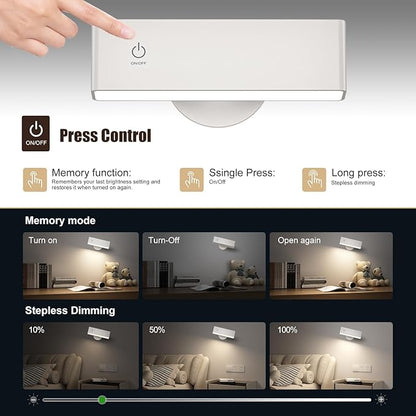 YiLaie LED Magnetic Wall Sconce Lights, 2Pack 4000mAh Battery Operated Wall Sconce, USB Rechargeable Wall Lights with Touch Controls & Brightness Adjustment, 360° Rotate Wall Mounted Reading Llight