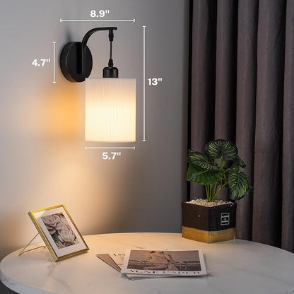 Battery Operated Wall Sconce Set of Two, Pleated Fabric Rechargeable Wireless Wall Sconces with 13000mAh Bulb & Dimmable, Battery Sconces Wall Light Decor Set of 2 for Living Room, Black