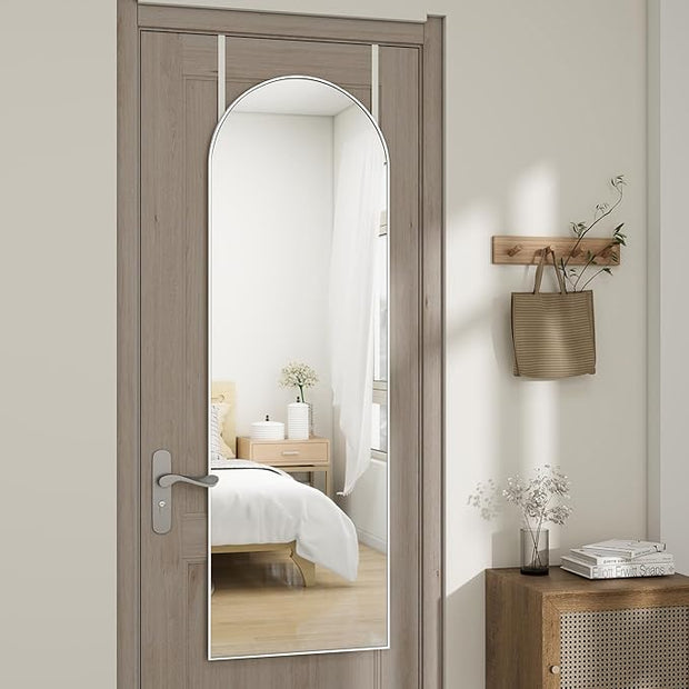 Arched Full Length Door Mirror 14x48, Metal Frame with Protective Film, No-Drilling Hanging or Wall Mount, Hooks & Hardware Included, Full Body Mirror for Bedroom, Dorm, White