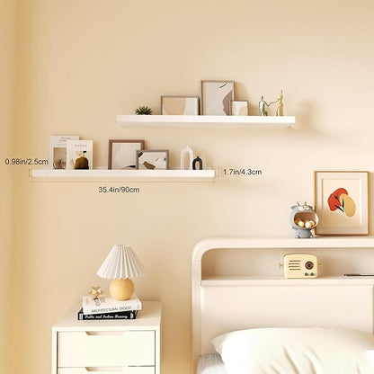 36inch Floating Picture Ledge Shelves 2-Pack, White Wall Mounted Shelves with Lip for Nursery, Kids Room, Living Room & Bedroom, Sturdy Floating Book Shelves for Photo Frames & Decor
