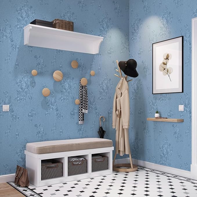 Blue Peel and Stick Wallpaper Floral Textured Wallpaper 17.7inch x 393.7inch Floral Embossed Contact Paper Grey Blue Self Adhesive Decorative Wall Paper Removable Cabinets Shelf Liner Vinyl
