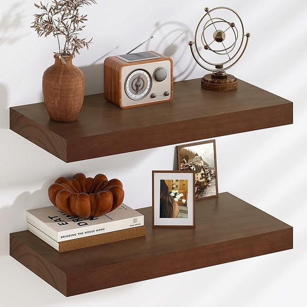 Fun Memories Floating Shelves, 9.3'' Deep Solid Pine Wood Wall Shelves for Storage, Wall Mounted Display Shelf with Invisible Heavy-Duty Metal Bracket, 24'' Width Set of 2, Walnut