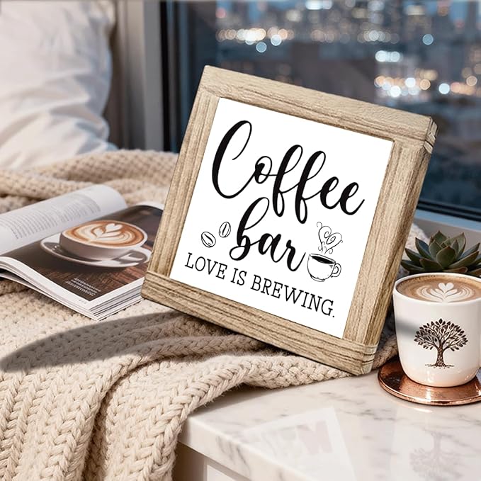 Wood Coffee Sign Coffee Bar Love Is Brewing Handmade Wood Coffees Decor Square Kitchen Wall Art Office Decor Rustic Cafe Bar Decoration Sign Coffees Plaque For Home Kitchen Decoration 5.9x5.9 Inch