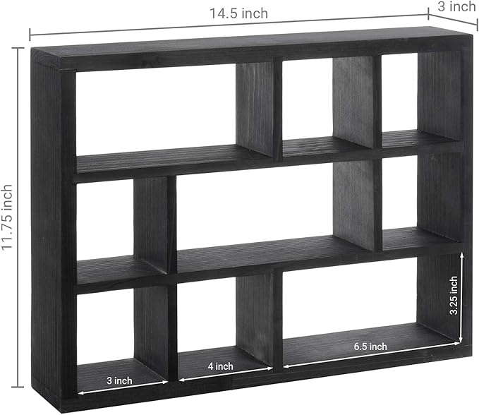 MyGift 9 Compartment Vintage Solid Wood Shadow Box, Wall Mountable Curio Display Case, Freestanding or Floating Shelf for Collectible Figurines, Succulents (Matte Black)