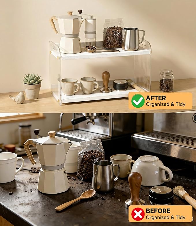 2 Tier Coffee Station Organizer - Acrylic & Pine Wood coffee bar shelf, Easy-to-Clean matcha station for Kitchen Countertops, for Placing Mugs, Coffee Beans, Syrup etc.(15.75
