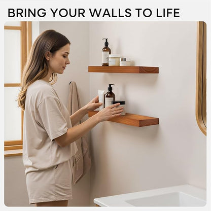 Homeforia 12 inch Oak Floating Shelf, High End Solid Real Wood 12inch Small Floating Shelves for Wall Mounted, Honey Oak Wooden 12in Floating Shelves, Heavy Duty Bracket, 12 X 6.5 X 1.75 in, Set of 2