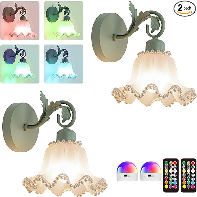 Battery Operated Wall Sconce Set of 2,Wireless Rechargeable Wall Lights with 5400mAh Bulbs & Remote & Timer,9 RGB and 3CCT Dimmable Wall Lamp for Bedroom,Living Room,Hallway Wall Decor(Green)