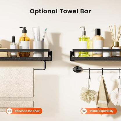 AMADA HOMEFURNISHING Bathroom Shelves with Towel Bar, Floating Shelves, Wall Shelves for Bathroom/Living Room/Kitchen/Bedroom, Black, Set of 2 - AMFS01B