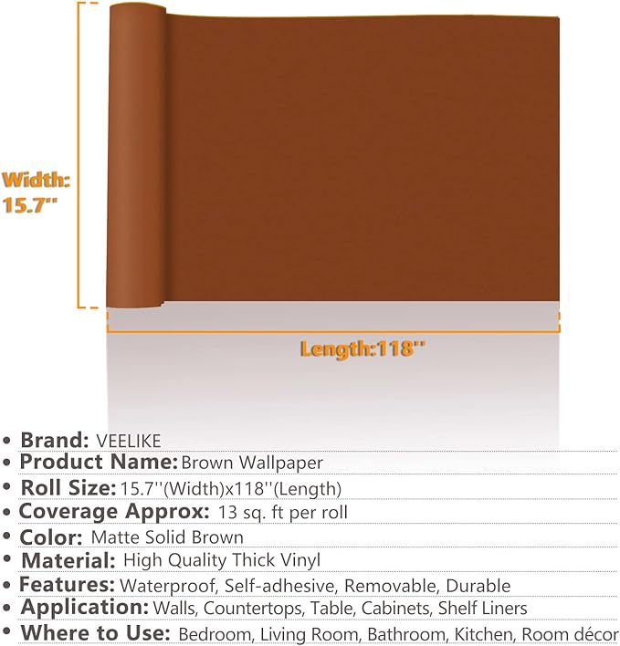 VEELIKE 15.7''x118'' Matte Caramel Brown Contact Paper for Cabinets Walls Self Adhesive Thick Brown Wallpaper Peel and Stick Removable Wall Paper Roll for Bathroom Living Room Countertops Table Shelf